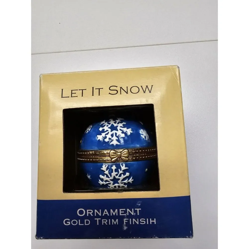 Blue And Gold Ceramic Holiday Ornament Trinket Box Snow Flakes Stars Gift Holder